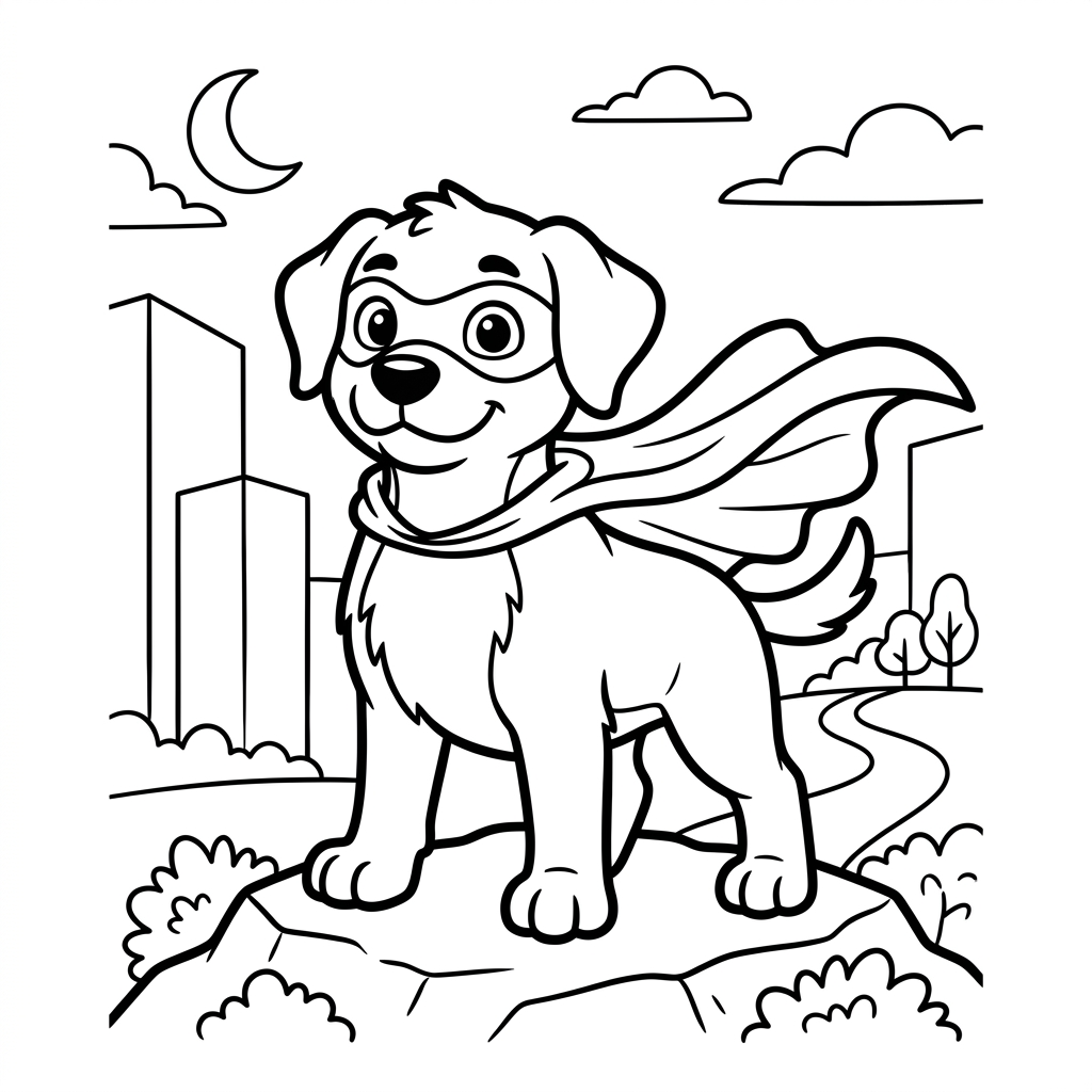 Brave superhero dog with cape and mask coloring page printable