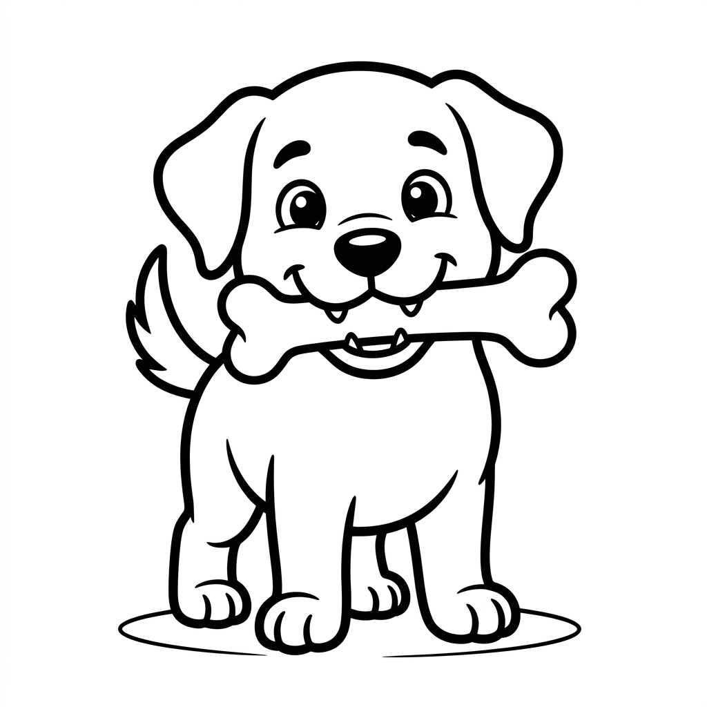 Smiling dog holding a big bone coloring page for children