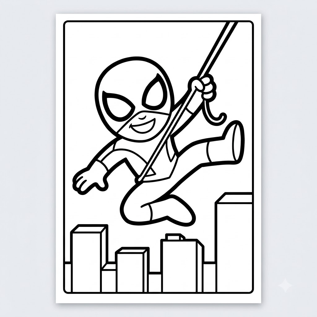 Spider-Man swinging through the city coloring page printable