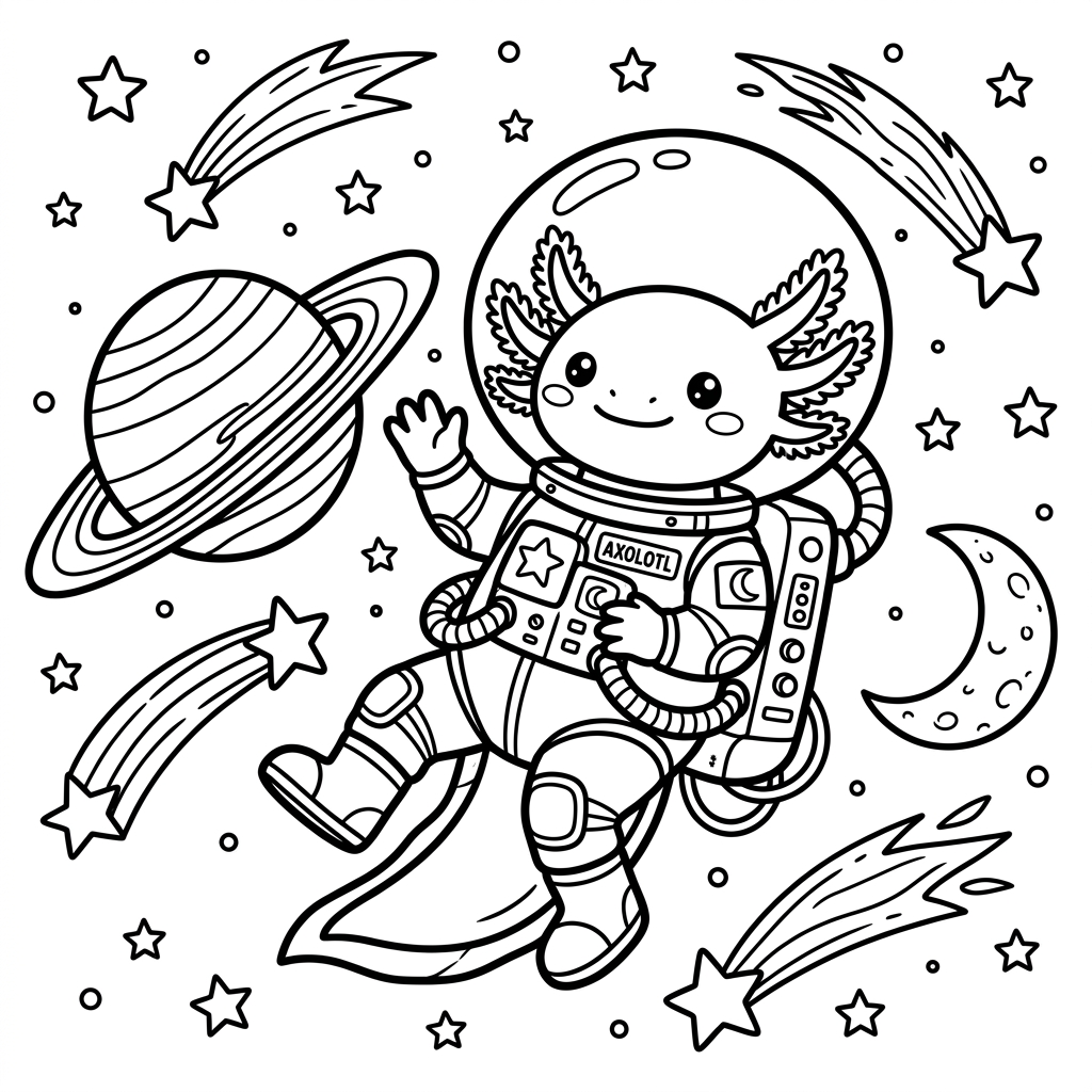 Axolotl astronaut coloring page printable in space