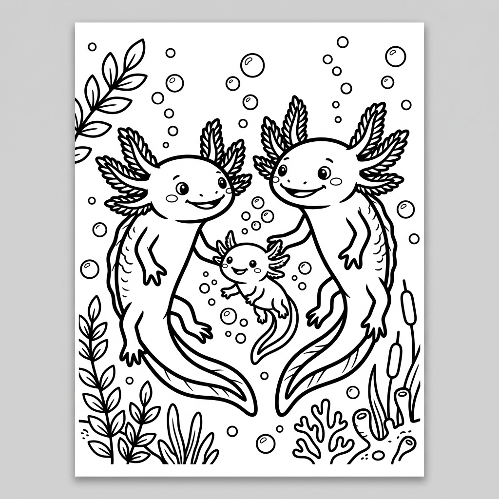 Axolotl family coloring page printable sheet