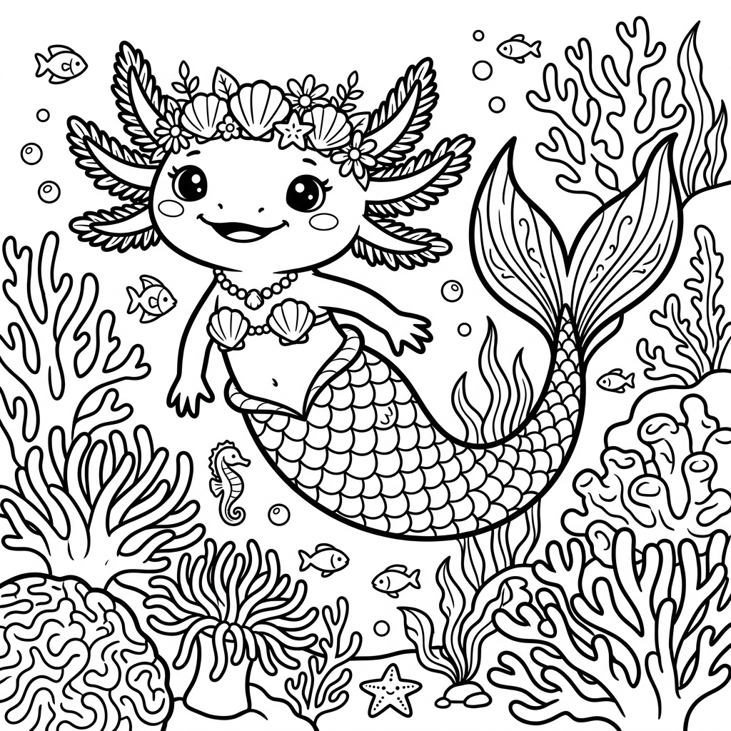 Axolotl mermaid coloring page printable sheet