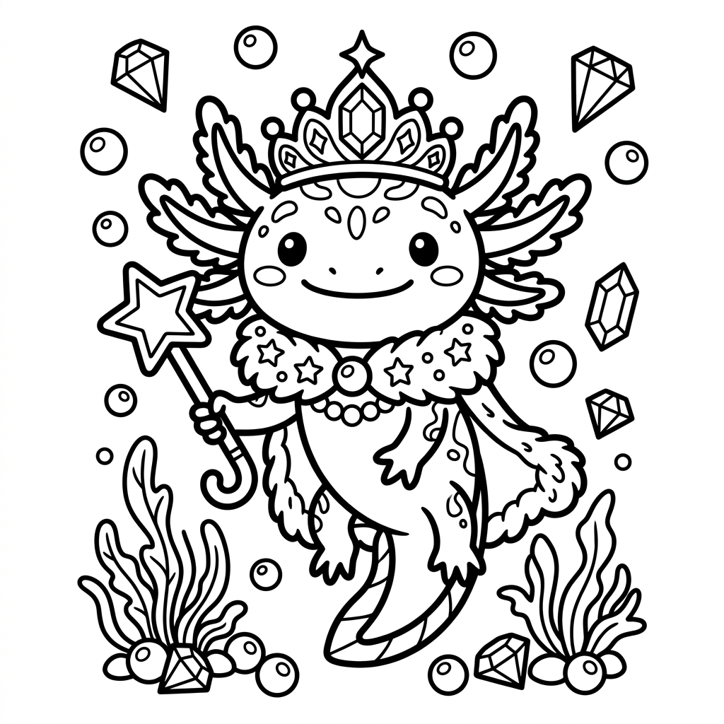 Axolotl princess coloring page printable for girls