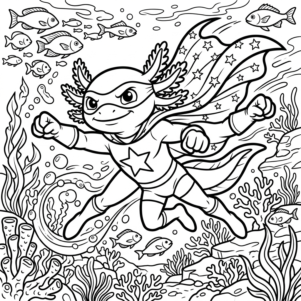 Axolotl superhero coloring sheet printable