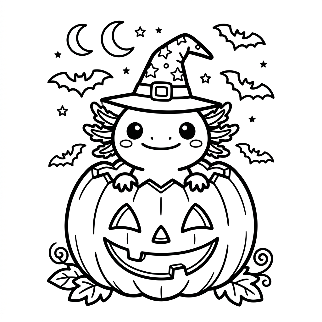 Halloween axolotl coloring printable page