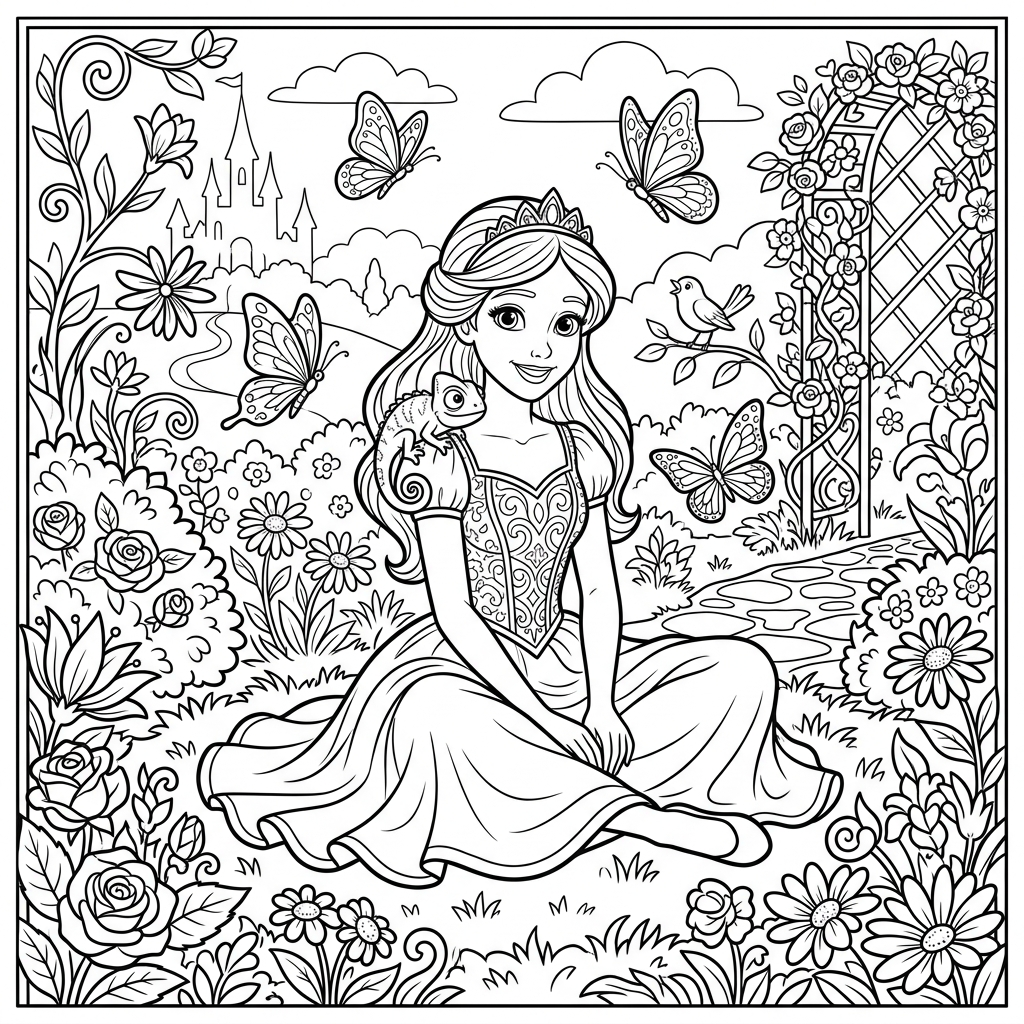 Rapunzel and Pascal coloring page printable for kids