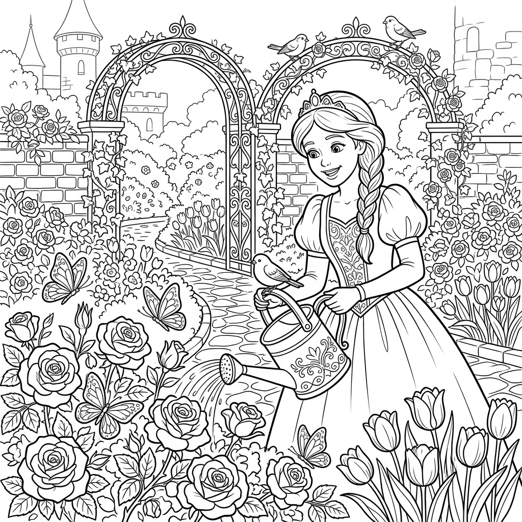 Rapunzel in the garden coloring printable sheet