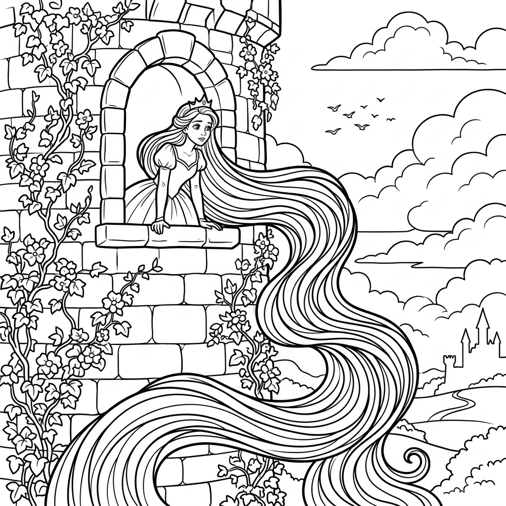 Rapunzel in the tower coloring page printable for children