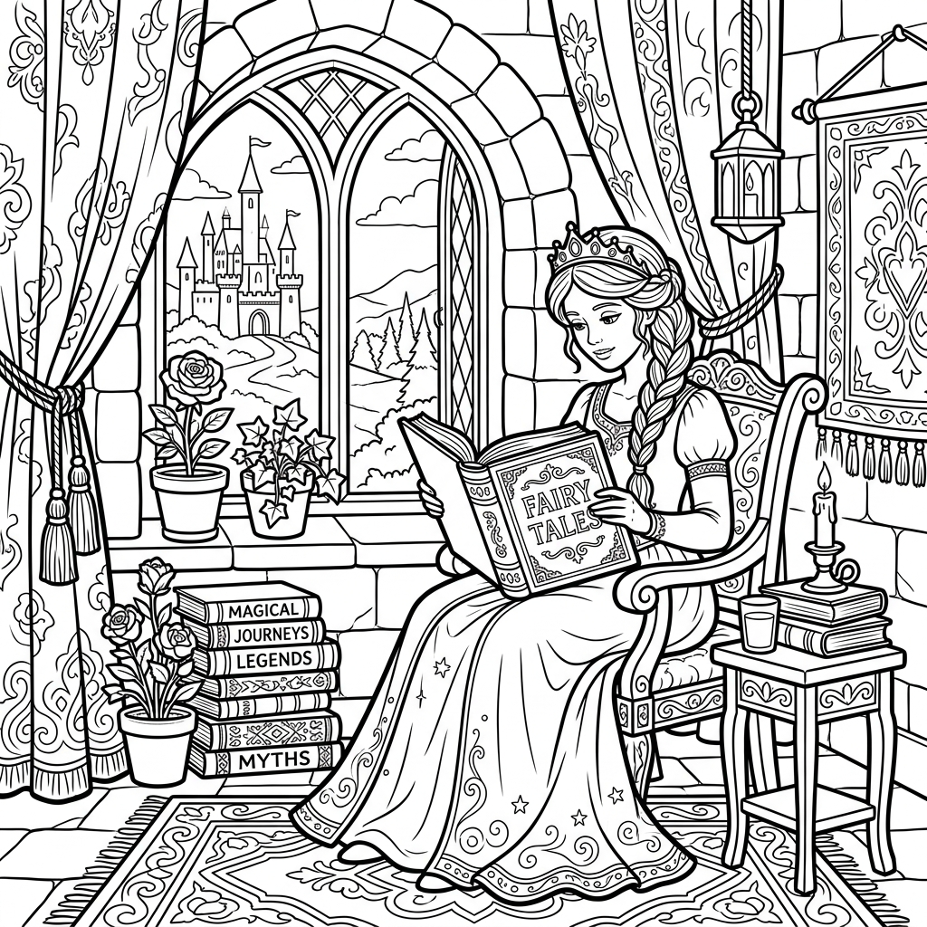Rapunzel reading a book coloring page printable