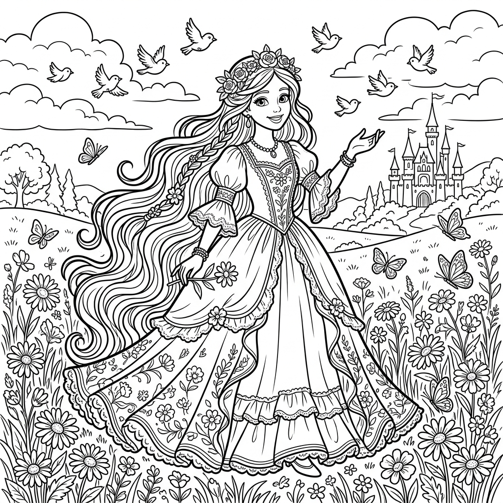 Rapunzel smiling with long hair coloring page printable for kids