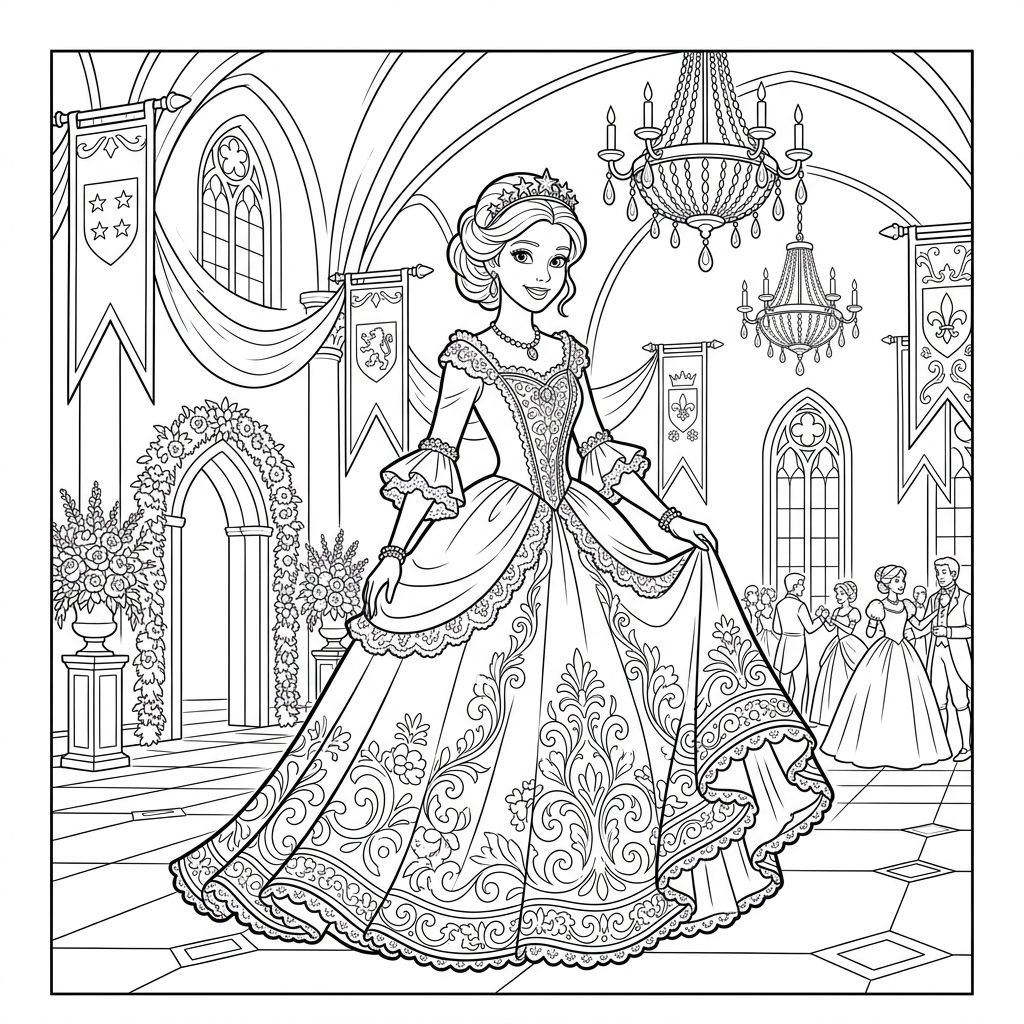 Princess celebration coloring page printable for kids