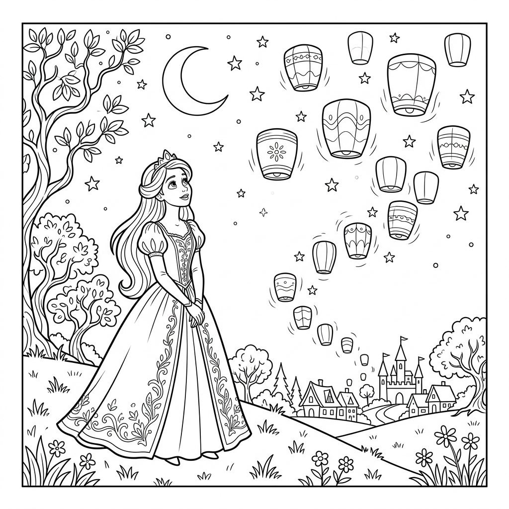 Rapunzel with floating lanterns coloring page printable