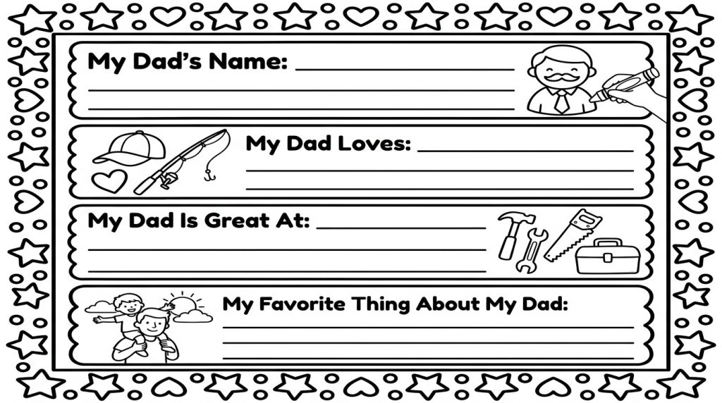 A black and white printable worksheet with decorative borders, coloring elements, and fill-in-the-blank prompts asking children about their dad's name, favorites, and special qualities
