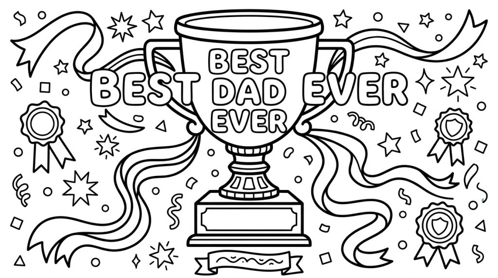 A black and white coloring page featuring a large trophy with "Best Dad Ever" text, surrounded by ribbons, stars, and celebratory design elements