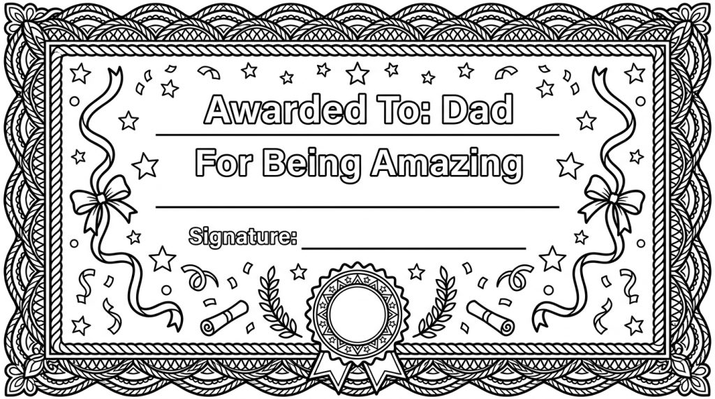 A black and white printable Father's Day card design with "Happy Father's Day" text, hearts, gift boxes, and balloons with coloring elements throughout