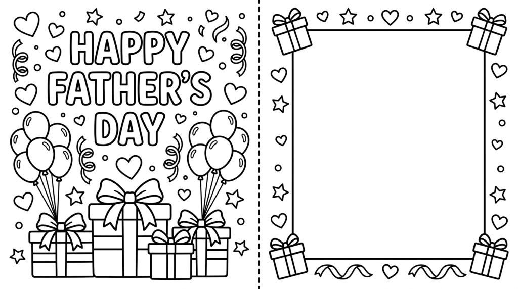 A black and white coloring page with a cartoon dad making funny faces, surrounded by speech bubbles with laugh expressions and playful laughter elements