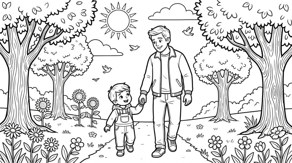 A black and white coloring page showing a father and child holding hands in a park with trees, birds, sun, and flowers with large coloring spaces