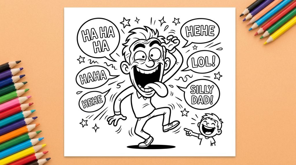 A black and white coloring page with a cartoon dad making funny faces, surrounded by speech bubbles with laugh expressions and playful laughter elements