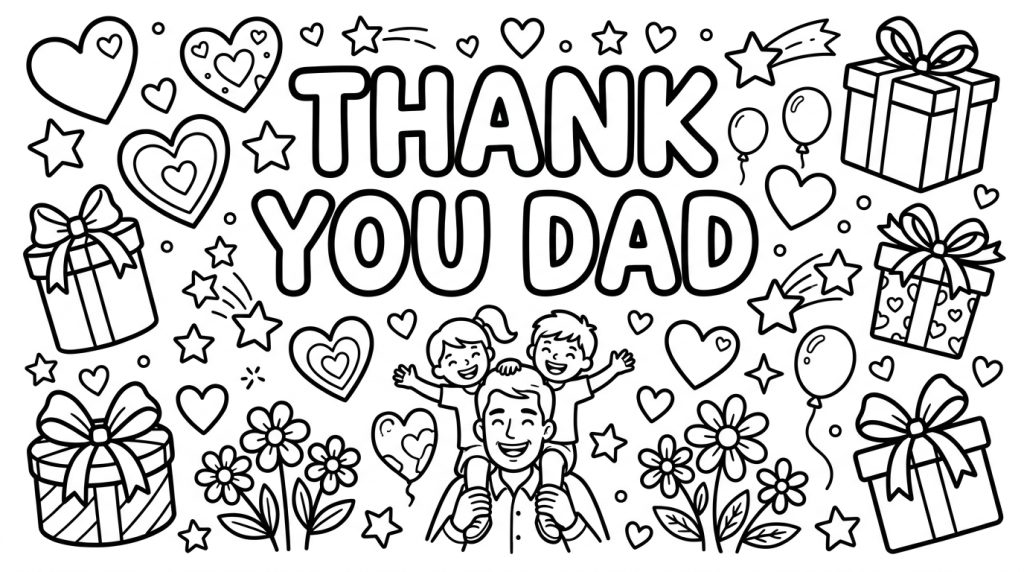 A black and white coloring certificate design with "Awarded To Dad" and "For Being Amazing" text, decorated with borders and stars for coloring