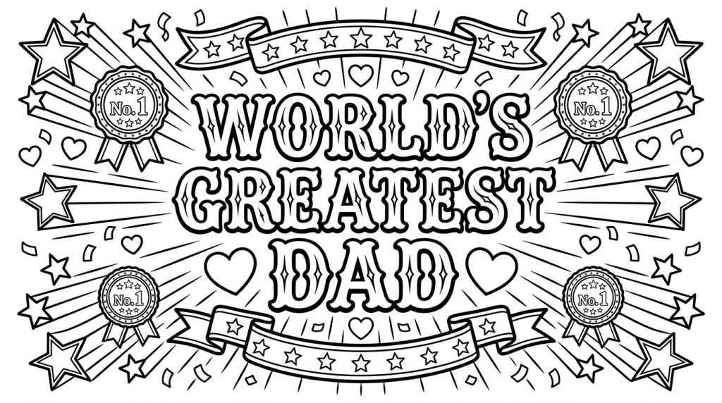 A black and white coloring poster featuring large decorative typography spelling "World's Greatest Dad" surrounded by stars, badges, banners, hearts, and confetti patterns